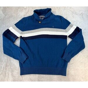 Tommy Hilfiger Shawl Collar Sweater Men’s Large Blue Stripe Pullover Cotton